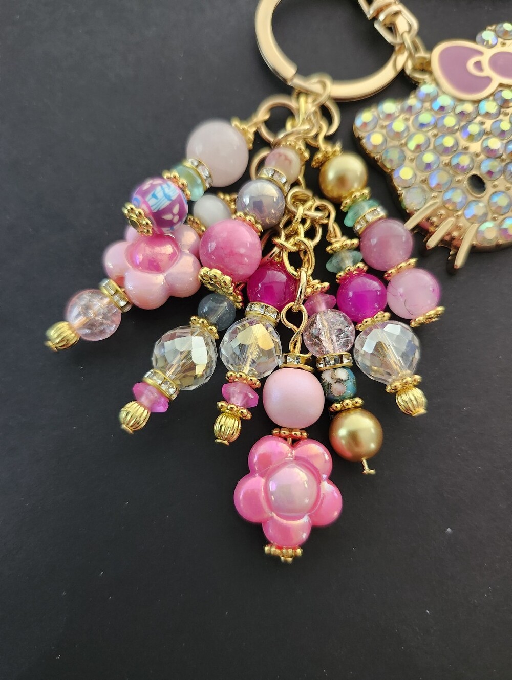 Hello Kitty Purse Charm or Keychain Dolomite Jasper Rose Quartz Handcrafted - Picture 2 of 5